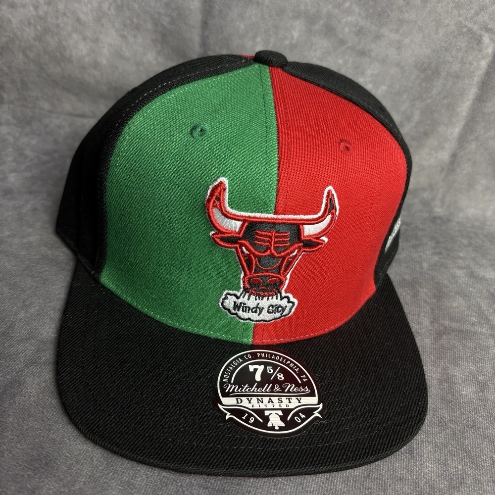Chicago Bulls Mitchell And Ness Fitted 7 5/8 Red Green Dynasty‎ NBA NEW